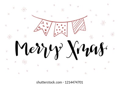 vector hand lettering greeting Merry Christmas text with doodle small flag garland and snowflakes.