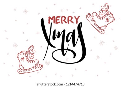 vector hand lettering greeting Merry Christmas text with doodle skates and snowflakes.