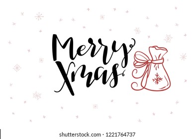 vector hand lettering greeting Merry Christmas text with doodle gift bag and snowflakes.