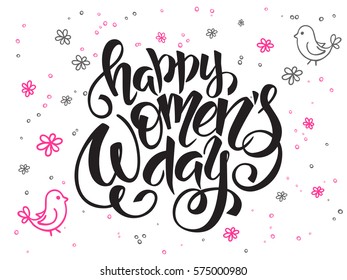 vector hand lettering greetings text - happy women's day with doodle flowers and bubbles