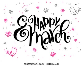 vector hand lettering greetings text - happy womens day with doodle flowers and bubbles.