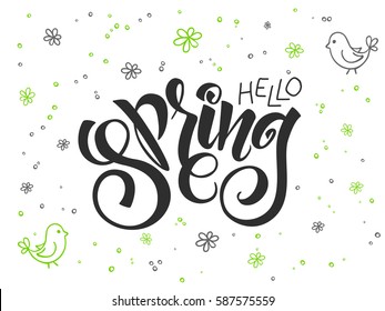 vector hand lettering greetings text - hello spring with doodle flowers, bird and bubbles