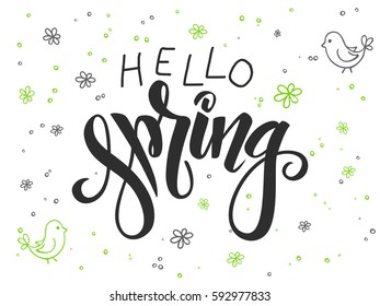 vector hand lettering greetings text - hello spring with doodle flowers, bird and bubbles