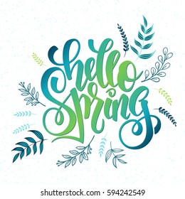 vector hand lettering greetings text - hello spring with doodle branches.