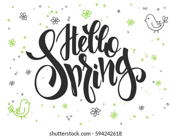vector hand lettering greetings text - hello spring with doodle flowers, bird and bubbles.