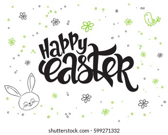 vector hand lettering greetings text - happy easter with doodle flowers, rabbit and bubbles