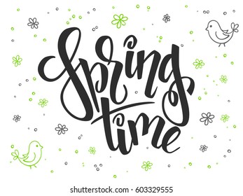 vector hand lettering greetings text - spring time with doodle flowers, bird and bubbles