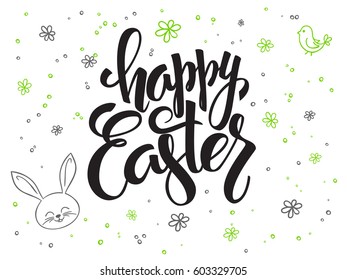 vector hand lettering greetings text - happy easter with doodle flowers, rabbit and bubbles.