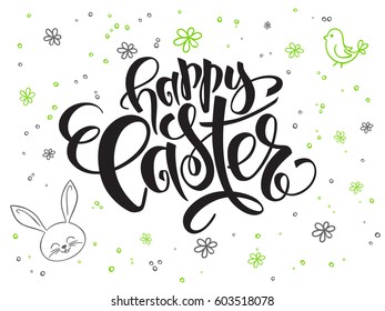 vector hand lettering greetings text - happy easter with doodle flowers, rabbit and bubbles