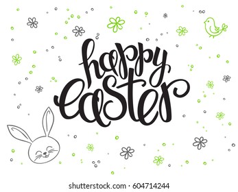 vector hand lettering greetings text - happy easter with doodle flowers, rabbit and bubbles
