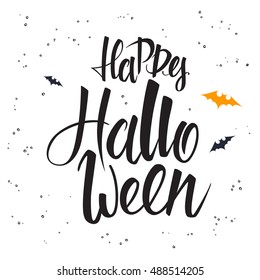 vector hand lettering halloween greetings text - happy halloween with bat.