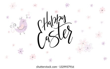 vector hand lettering happy easter phrase with doodle flowers.