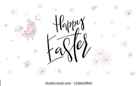 vector hand lettering happy easter phrase with doodle flowers.