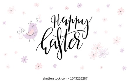 vector hand lettering happy easter phrase with doodle flowers.