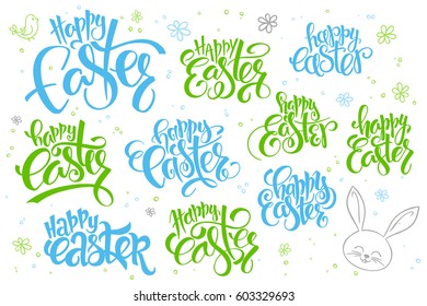 vector hand lettering happy easter text set, written in various styles with doodle flowers and bubbles.