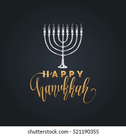 Vector hand lettering Happy Hanukkah illustration. Festive poster, greeting card template with Menorah sketch.