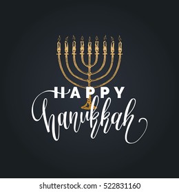 Vector hand lettering Happy Hanukkah illustration. Festive poster, greeting card template with Menorah sketch.