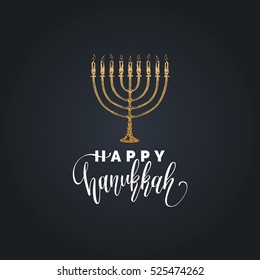 Vector hand lettering Happy Hanukkah illustration. Festive poster, greeting card template with Menorah sketch.