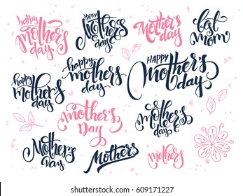 vector hand lettering happy mother's day text set, written in various styles with doodle flowers and hearts.