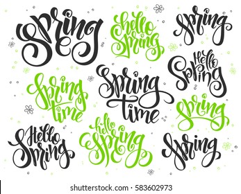 vector hand lettering hello spring text set, written in various styles with doodle flowers and bubbles.