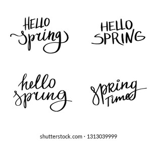 Vector hand lettering illustration. Hello Spring and Spring time - calligraphy phrases. Design compositions with typography elements
