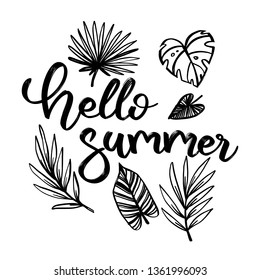Vector hand lettering illustration. Hello summer - calligraphy phrase with palm leaves. Design composition with typography elements

