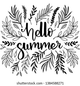 Vector hand lettering illustration. Hello summer - calligraphy phrase. Design composition with typography elements