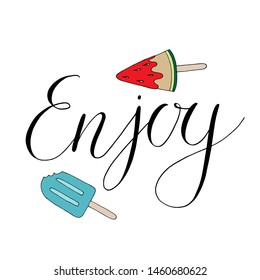 Vector hand lettering illustration. Hello summer - calligraphy phrase with ice cream. Design composition with typography elements. Perfect for print design for textile, poster, greeting card. Enjoy.