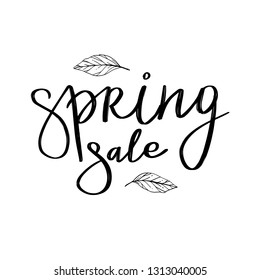 Vector hand lettering illustration. Spring sale calligraphy with floral branches and leaves. Design composition with typography elements