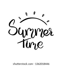 Vector hand lettering illustration. Summer time - calligraphy phrase with silhouette of the sun. Design composition with typography elements
