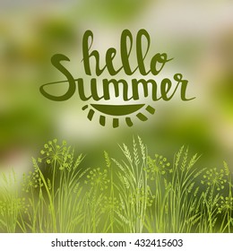 Vector hand lettering inspirational typography poster Hello summer on blurred background, green background with wild flowers and leaves. Summer fun. Hand lettering typography poster. Summer banner