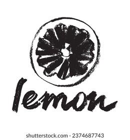 Vector hand lettering lemon symbol. Citrus fruit icon in trendy hand drawn doodle style. Black illustration for lime label, organic badge, lemon juice packaging design or website.