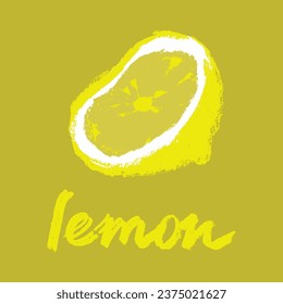 Vector hand lettering lemon symbol. Citrus fruit icon in trendy hand drawn doodle style. Color illustration for cosmetic acid label, organic jam badge, yellow lemon juice or lemonade packaging design.