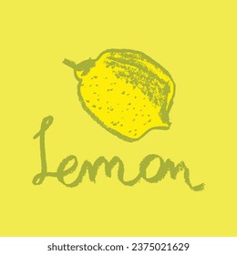 Vector hand lettering lemon symbol. Citrus fruit icon in trendy hand drawn doodle style. Color illustration for cosmetic acid label, organic jam badge, yellow lemon juice or lemonade packaging design.