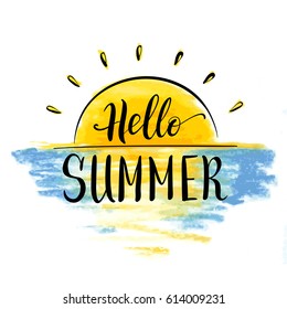vector hand lettering motivation phrase 'hello summer' on drawn in a pastel background with the sun and the sea