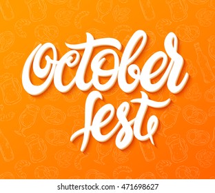 vector hand lettering oktoberfest label on doodle background.