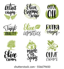 Vector hand lettering olive production logos or signs. Retro sketched extra virgin oil illustrations set for farm or cosmetics produce, packaging badges, tags, cafe, stores design etc.