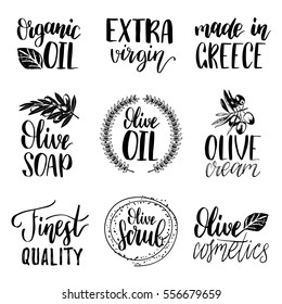 Vector hand lettering olive production logos or signs. Retro sketched extra virgin oil illustrations set for farm or cosmetics produce, packaging badges, tags, cafe, stores design etc.