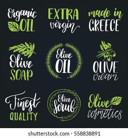 Vector hand lettering olive production logos or signs. Retro sketched extra virgin oil illustrations set for farm or cosmetics produce, packaging badges, tags, cafe, stores design etc.