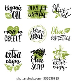 Vector hand lettering olive production logos or signs. Retro sketched extra virgin oil illustrations set for farm or cosmetics produce, packaging badges, tags, cafe, stores design etc.