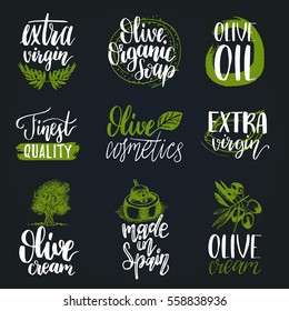 Vector hand lettering olive production logos or signs. Retro sketched extra virgin oil illustrations set for farm or cosmetics produce, packaging badges, tags, cafe, stores design etc.
