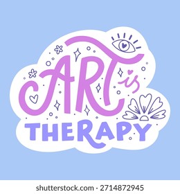Vector de letras de la mano frase 'El arte es terapia'. Cita inspiradora escrita a mano para pegatinas, tarjetas, redes sociales o papelería. Arte de Clip motivacional para impresión.