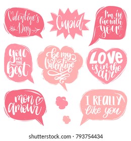 Vector hand lettering phrases Love Is In The Air, Cupid etc. February 14 calligraphy in speech bubbles. Valentines day typography.