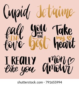 Vector hand lettering phrases Take My Heart, I Really Like You etc. February 14 calligraphy set on pink background. Valentines day typography.