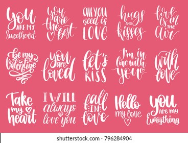 Vector hand lettering phrases Take My Heart, Hugs And Kisses etc. February 14 calligraphy set on pink background. Valentines day typography.