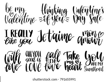 Vector hand lettering phrases Thinking Of You, With Love etc. February 14 calligraphy set. Valentines day typography.