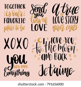 Vector hand lettering phrases You Are My Everything, Send You Lots Of Love etc. February 14 calligraphy set on pink background. Valentines day typography.