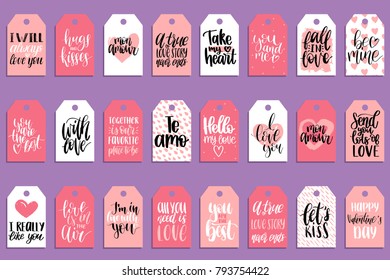 Vector hand lettering phrases You Are The Best, Fall In Love etc on labels or tags. February 14 calligraphy set. Valentines day typography.