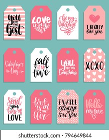 Vector hand lettering phrases You Are The Best, Love Is In The Year etc on labels or tags. February 14 calligraphy set. Valentines day typography.