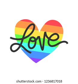 Vector hand lettering poster- Love. Gay parade banner. Hand lettering on rainbow heart